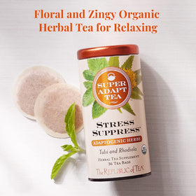SuperAdapt tea bag steeping in a warm cup for a soothing moment.
