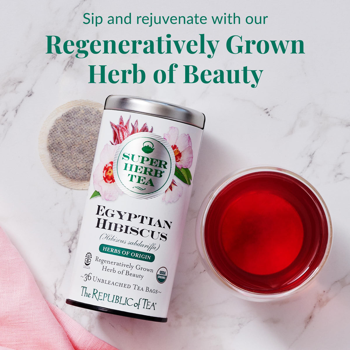The Republic of Tea SuperHerbs Origin tea bags highlighting single-origin flavor profiles