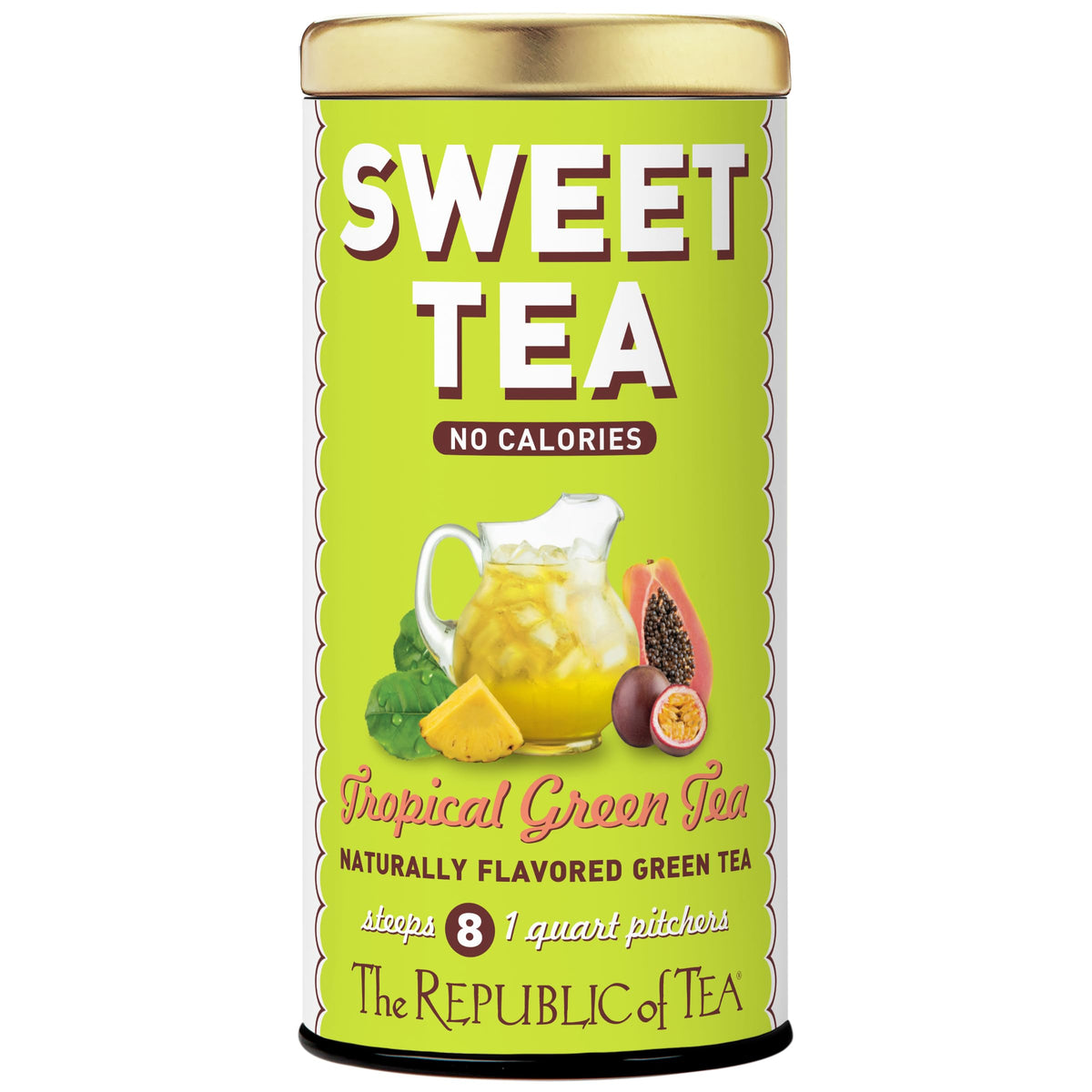 The Republic of Tea Sweet Iced Tropical Green Tea sachets ready to brew a low-calorie beverage.