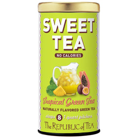 The Republic of Tea Sweet Iced Tropical Green Tea sachets ready to brew a low-calorie beverage.