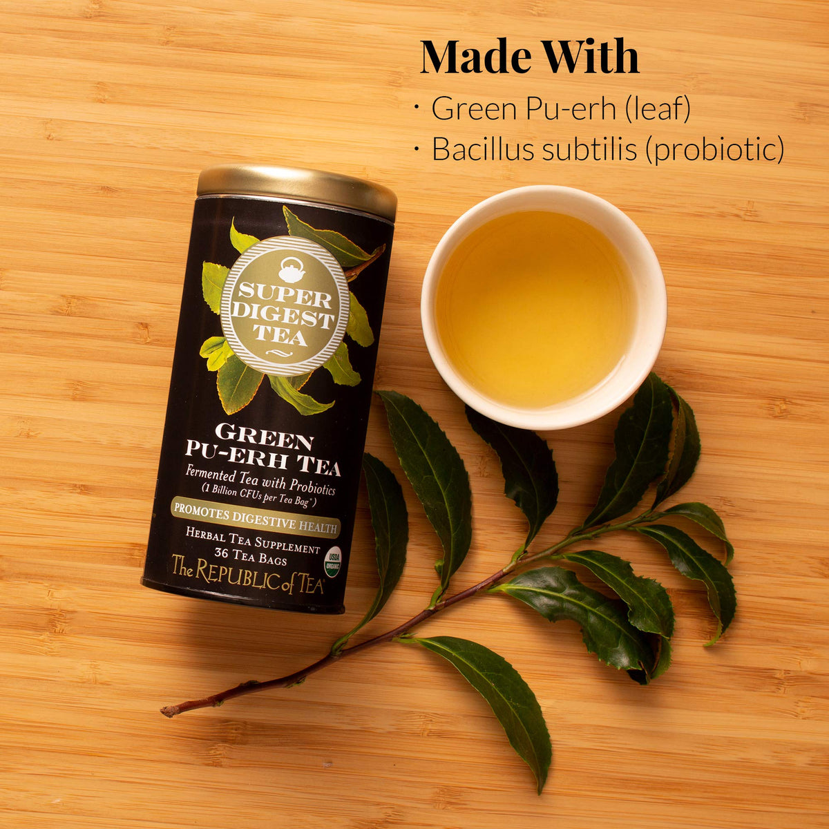 The Republic of Tea Organic Green Pu-erh SuperDigest packaging highlights certified organic ingredients.