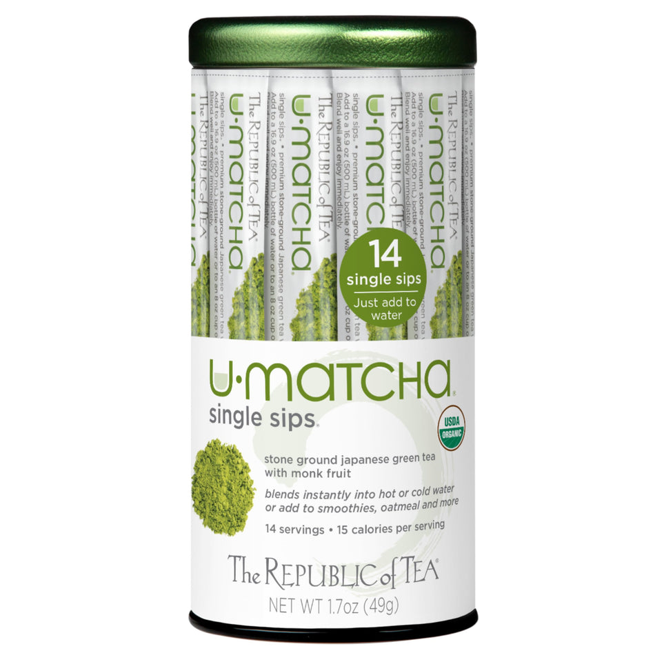The Republic of Tea U•Matcha Single Sips packets for quick, naturally caffeinated matcha at home.