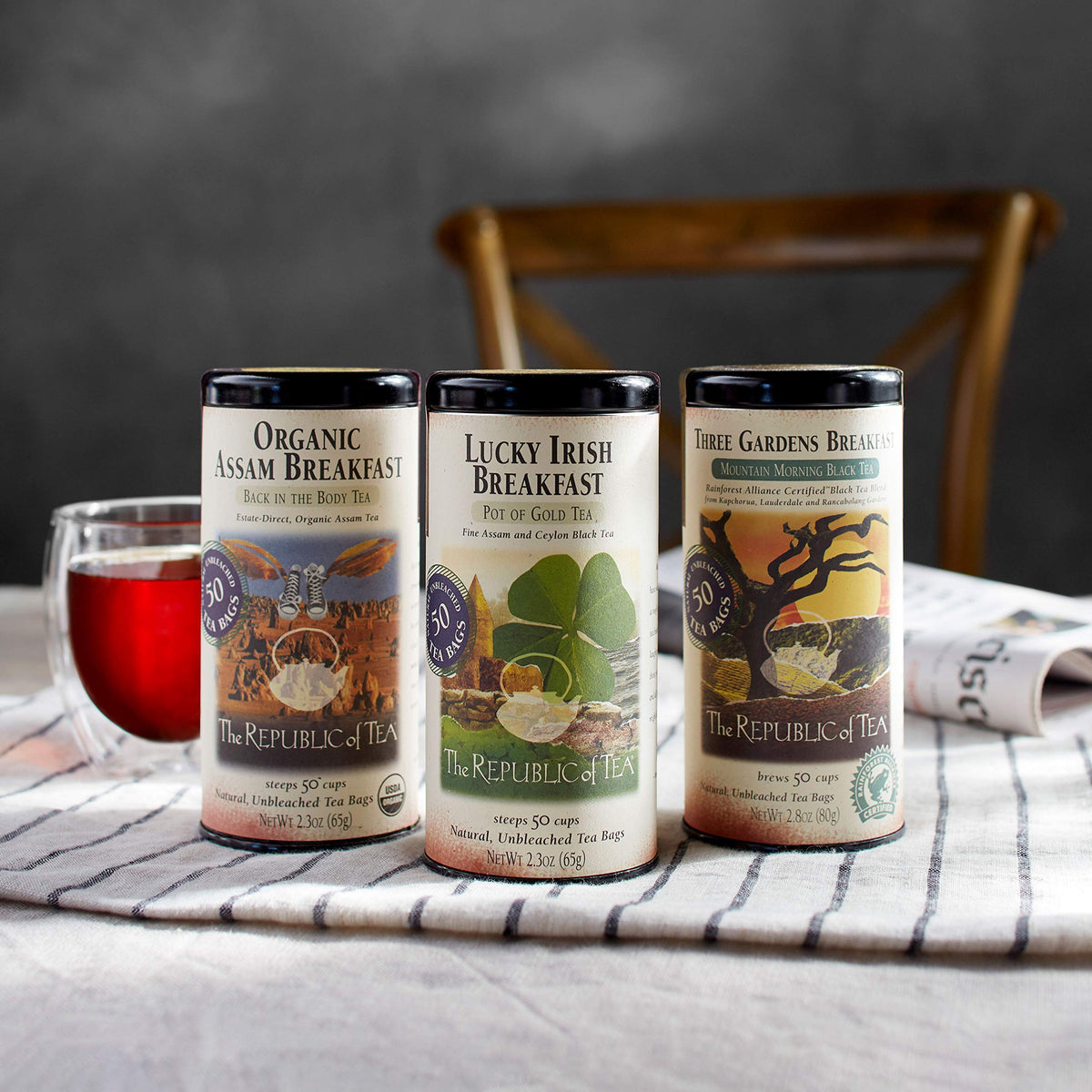The Republic of Tea USDA Organic and Non-GMO labeling on packaging promoting quality.