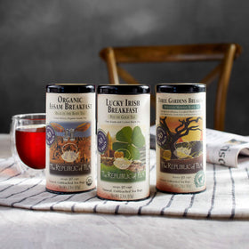 The Republic of Tea USDA Organic and Non-GMO labeling on packaging promoting quality.