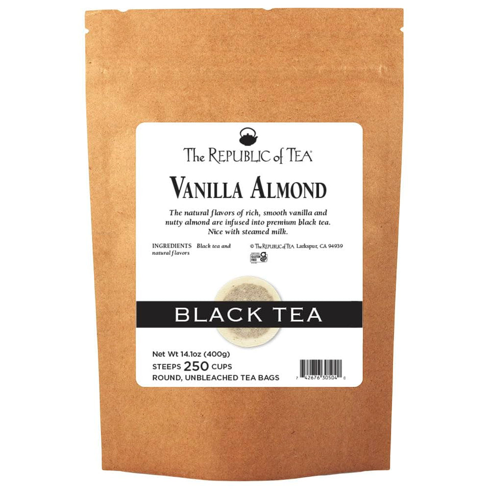 The Republic of Tea vanilla almond black tea bulk pack ready for daily brewing.