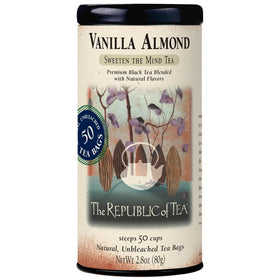 The Republic of Tea vanilla almond black tea tin front for cozy mornings