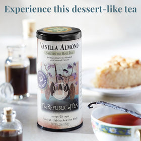 Close-up of vanilla almond tea bags showcasing premium flavors for a comforting cup.