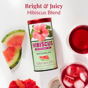 The Republic of Tea watermelon hibiscus tea steeping in a cup for refreshing flavor