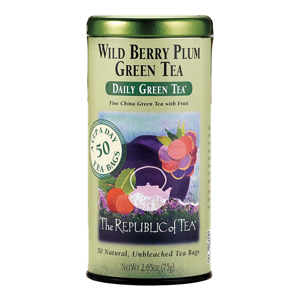 The Republic of Tea Wild Berry Plum Green Tea box, refreshing aroma for afternoon refreshment.