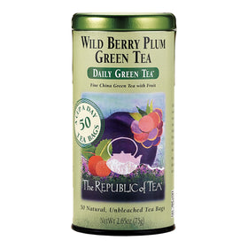 The Republic of Tea Wild Berry Plum Green Tea box, refreshing aroma for afternoon refreshment.