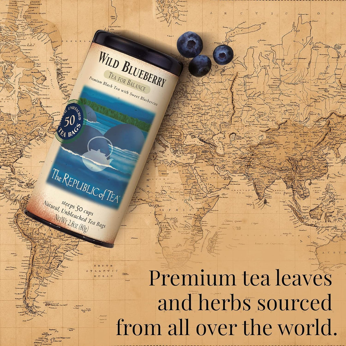 The Republic of Tea Wild Blueberry Tea gourmet display with vibrant flavor notes