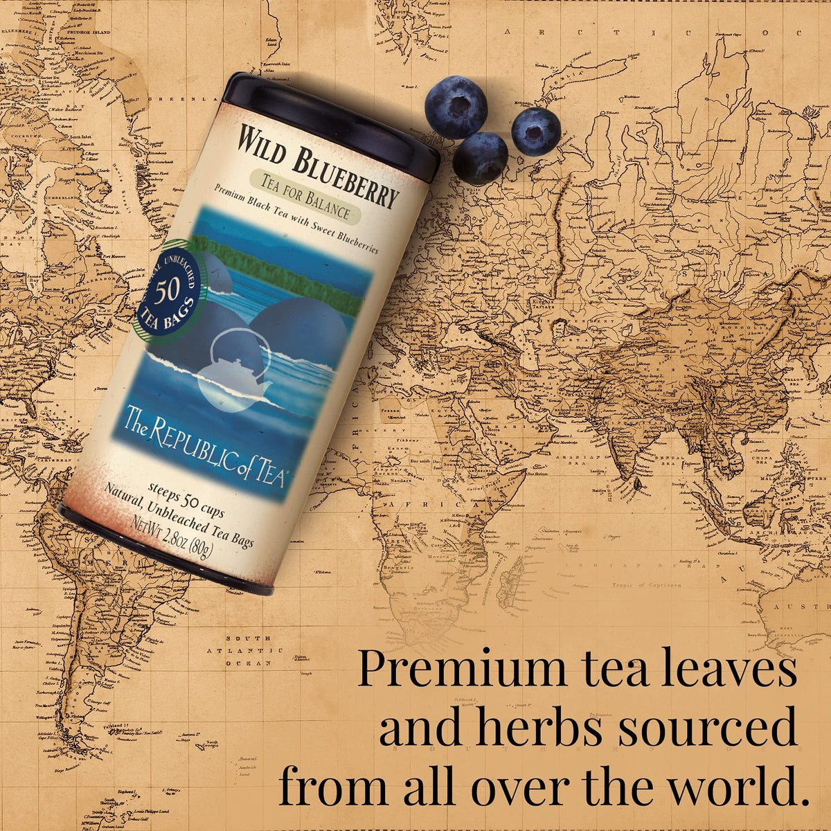 The Republic of Tea Wild Blueberry Tea shelf-display hints at a gourmet caffeinated option.