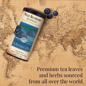 The Republic of Tea Wild Blueberry Tea shelf-display hints at a gourmet caffeinated option.