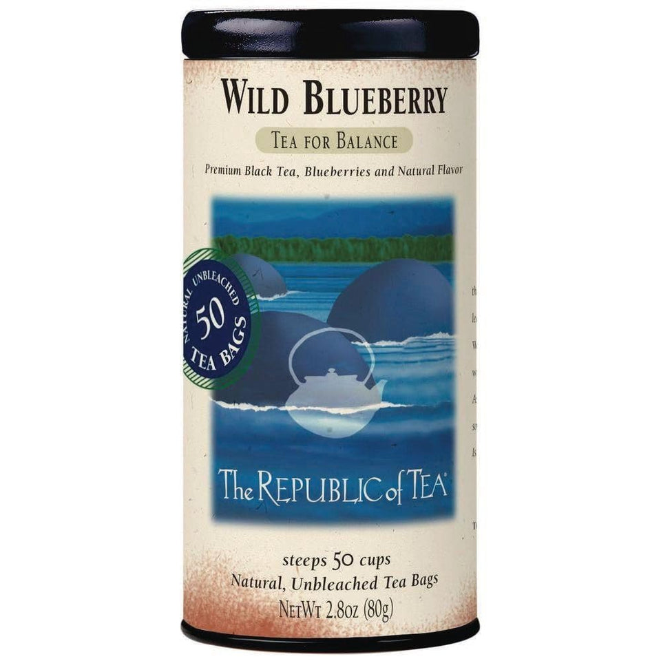 The Republic of Tea Wild Blueberry Tea tin showcases premium black tea for a robust morning ritual.