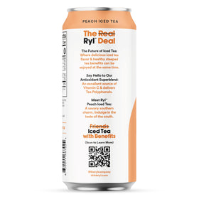 The Ryl Co Peach Iced Tea can back shows nutrition facts and clean ingredients