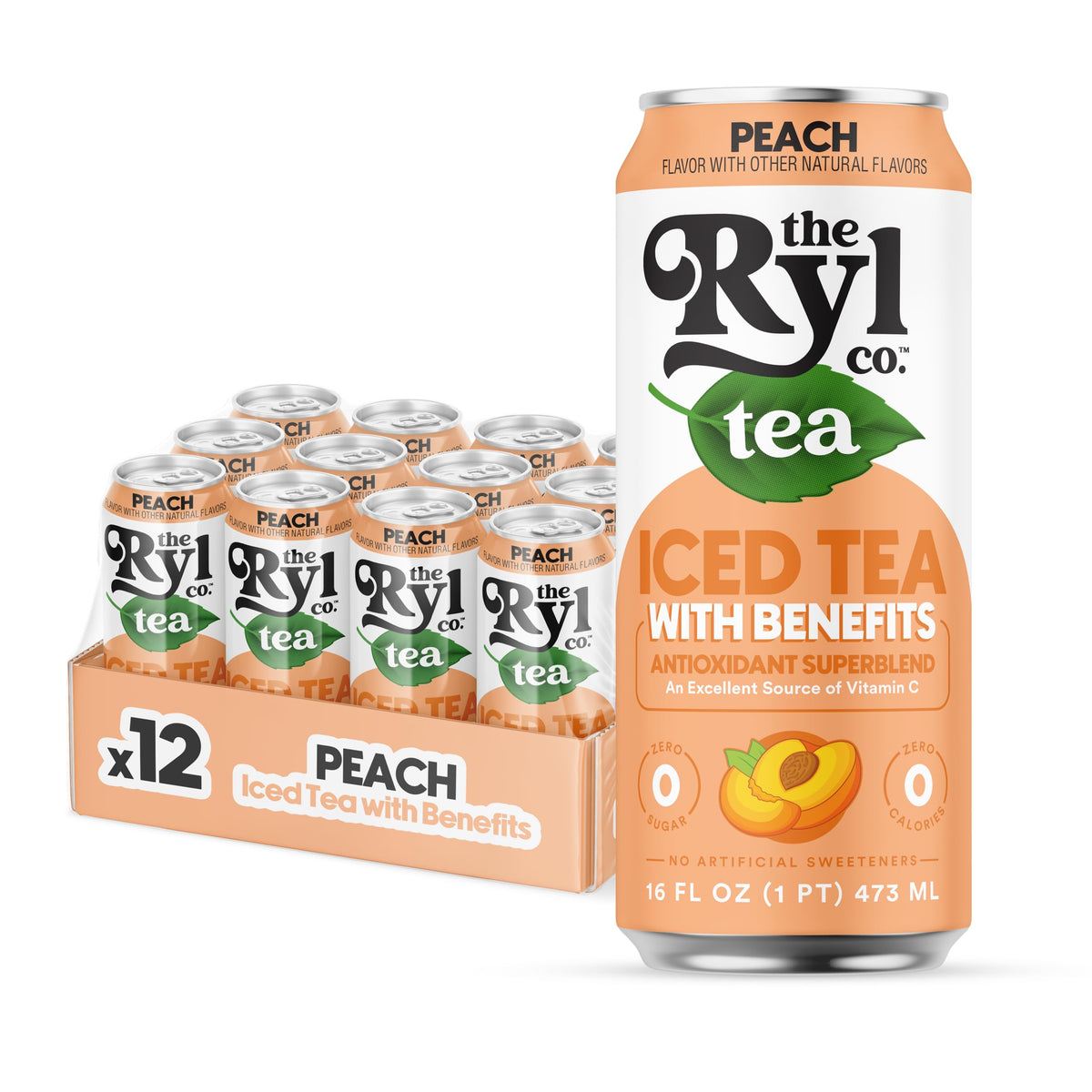 The Ryl Co Peach Iced Tea can front view highlighting zero sugar and peach flavor