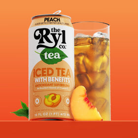 The Ryl Co Peach Iced Tea label detail notes non-GMO and USA-made assurances