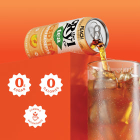 The Ryl Co Peach Iced Tea 12-pack display emphasizes value and convenient sizing