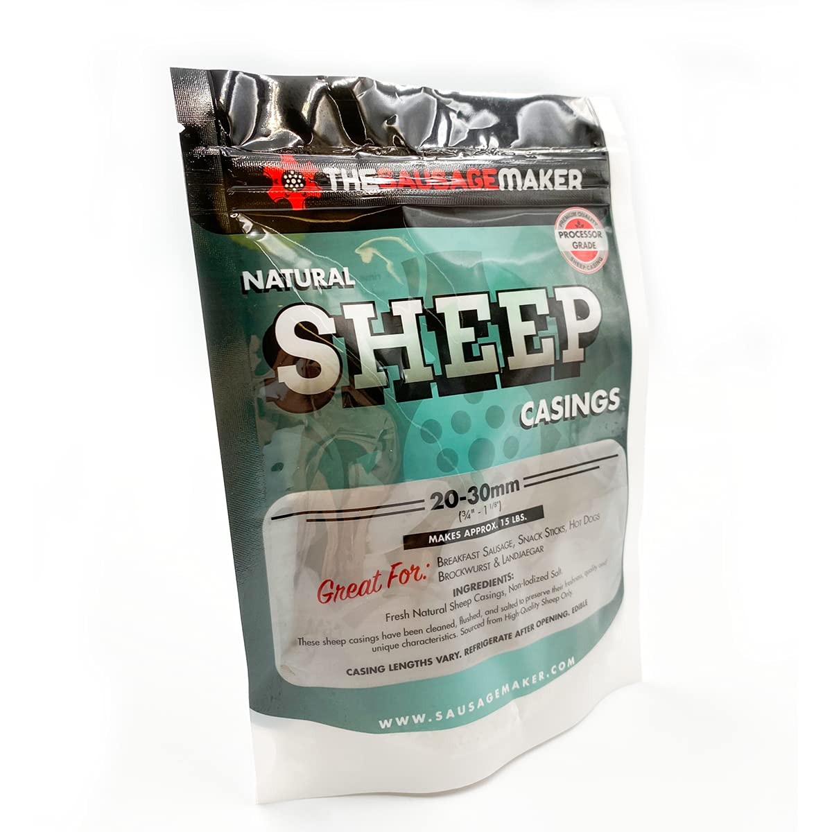 The Sausage Maker home-pack natural sheep casings ready for stuffing and smoky flavor.