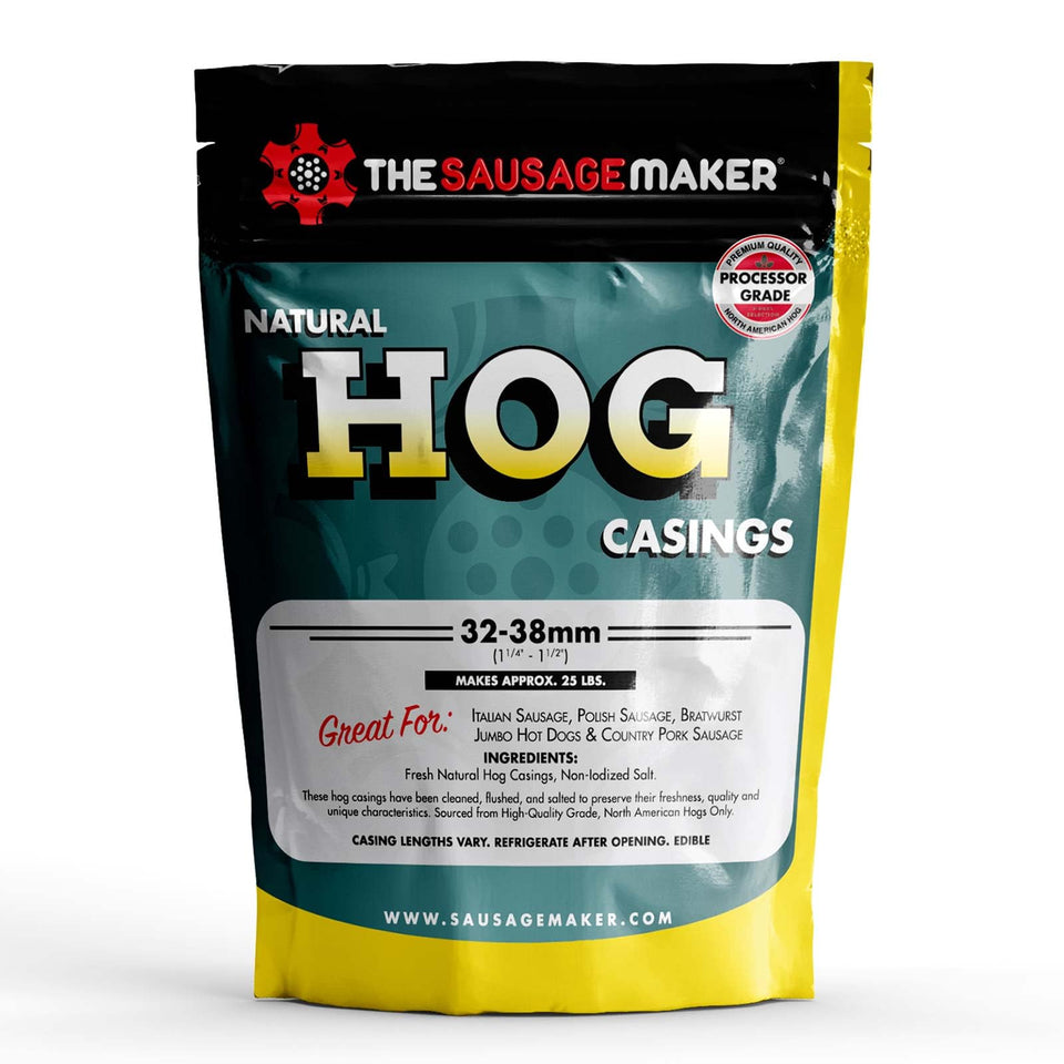 The Sausage Maker natural hog casings pack closeup, ready for storage.