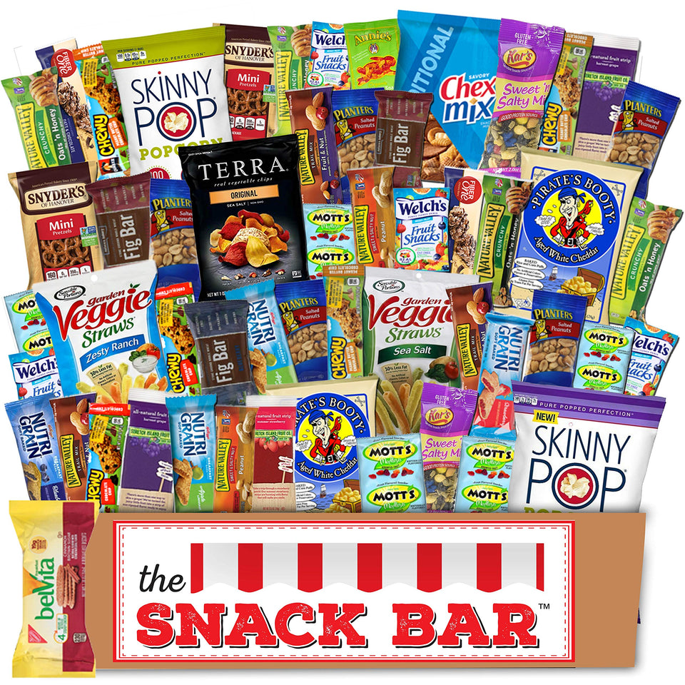 The Snack Bar care package box with diverse bars and fruit snacks for busy offices.