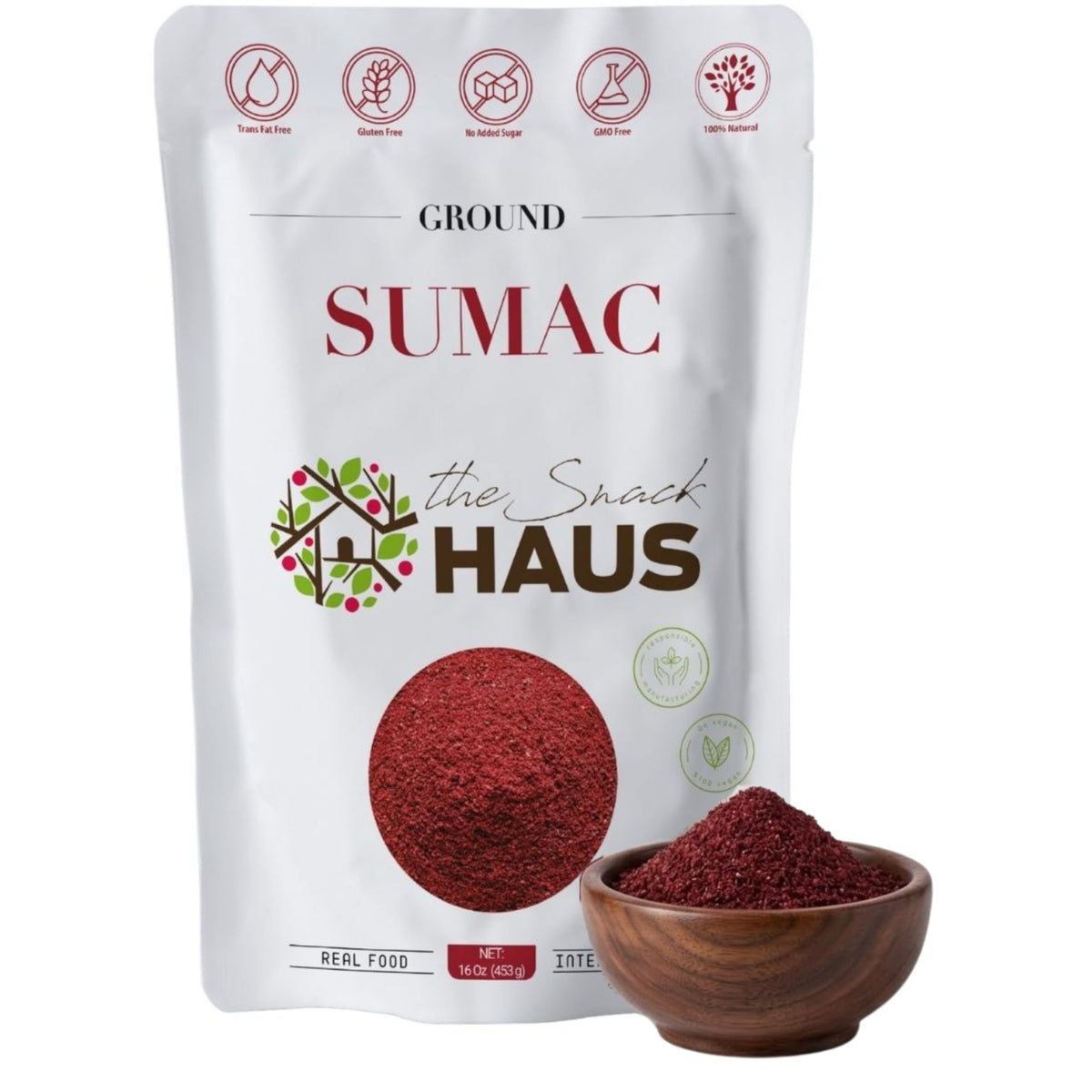 The Snack Haus Ground Sumac 16oz front label, premium Mediterranean seasoning for salads.