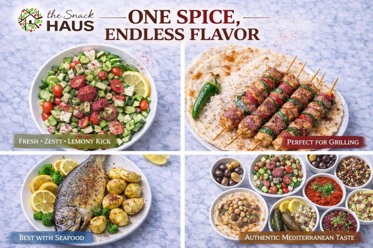 The Snack Haus ground sumac being sprinkled over meat or hummus.