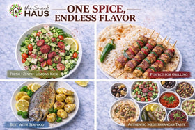 The Snack Haus ground sumac being sprinkled over meat or hummus.