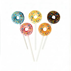 The Snackery donut-shaped lollipops with sprinkles for party favors.