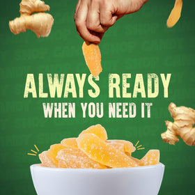 The Snackery ginger slices paired with tea for a soothing, caffeine-free moment.