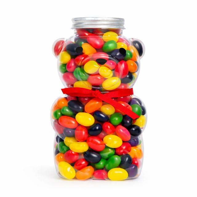The Snackery jelly bean bear jar with vibrant colors and gift-ready appeal.