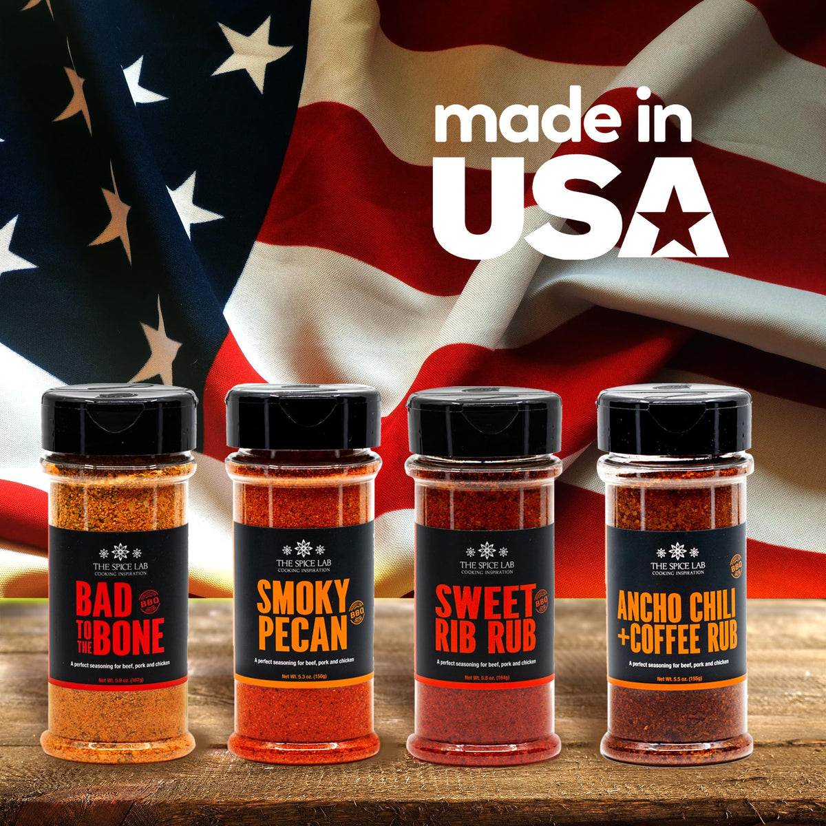 The Spice Lab jars close-up shows premium grill spices ready to use.