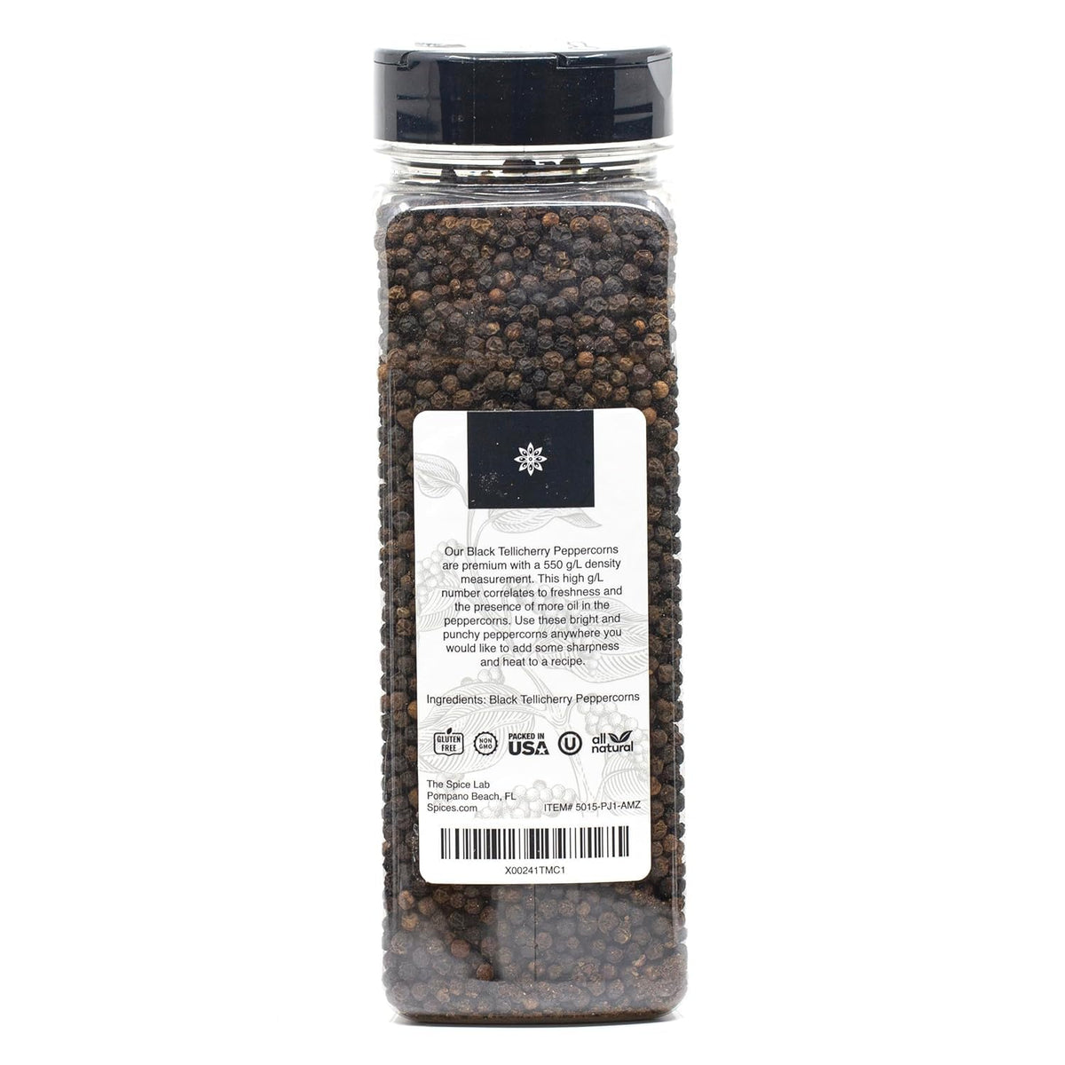 Jar cap reseal on The Spice Lab Tellicherry peppercorns for lasting freshness.