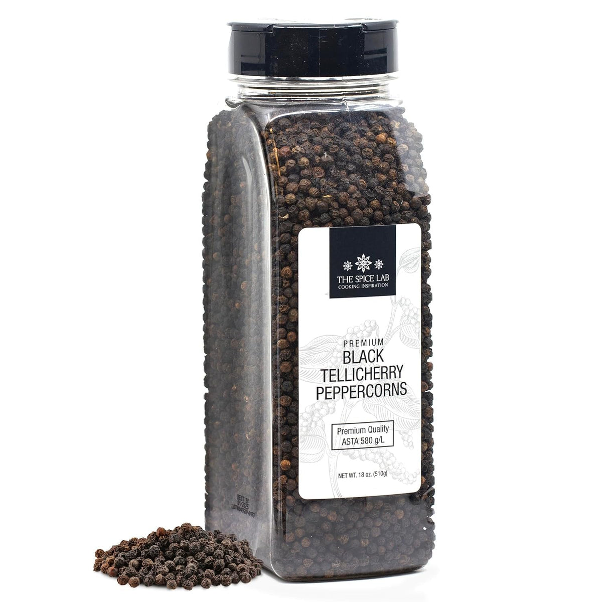 The Spice Lab Tellicherry peppercorns jar front—premium flavor for grinders.