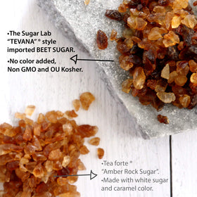 Close-up of The Sugar Lab Belgian Brown Rock Sugar crystals showing natural molasses tint.