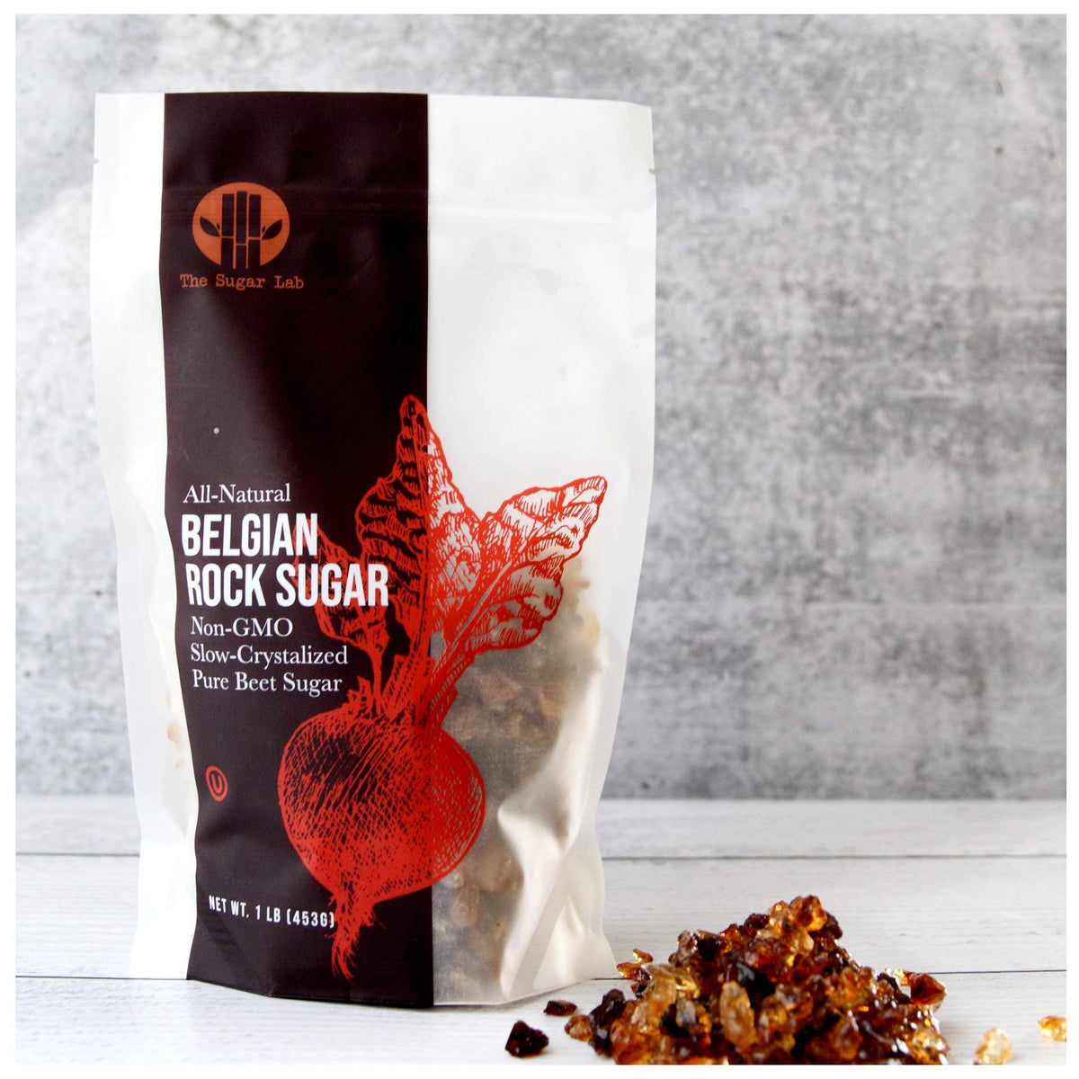 The Sugar Lab Belgian Brown Rock Sugar packaging highlights premium crystals for gifting.