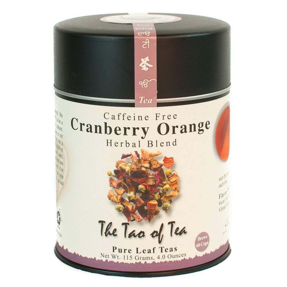 The Tao of Tea Cranberry Orange tea tin, caffeine-free blend for refreshing brews.