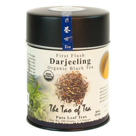 The Tao of Tea First Flush Darjeeling tin on shelf, premium organic packaging.