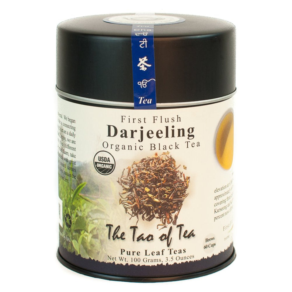 The Tao of Tea First Flush Darjeeling tin on shelf, premium organic packaging.