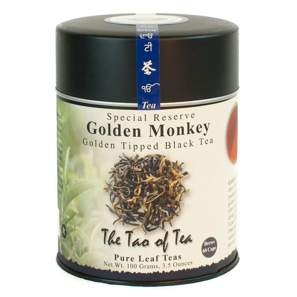 The Tao of Tea Golden Monkey leaves close-up with golden tips and premium quality.
