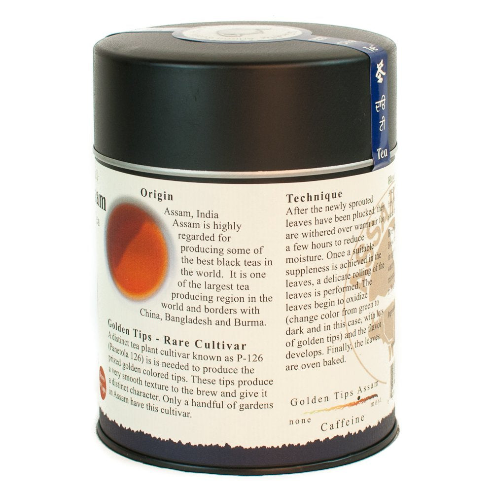 The Tao of Tea Golden Tips Assam brew in a mug shows amber liquor.