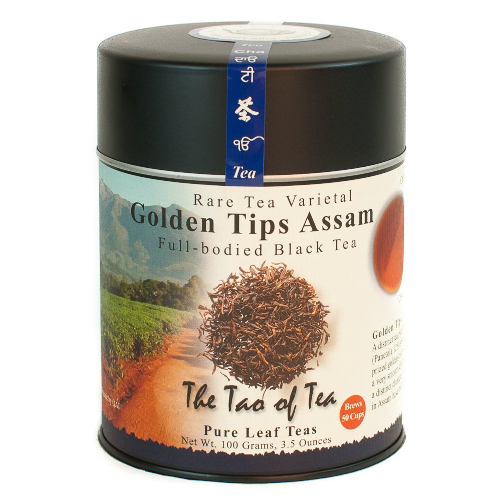 The Tao of Tea Golden Tips Assam loose leaf in a tin, smooth aroma.