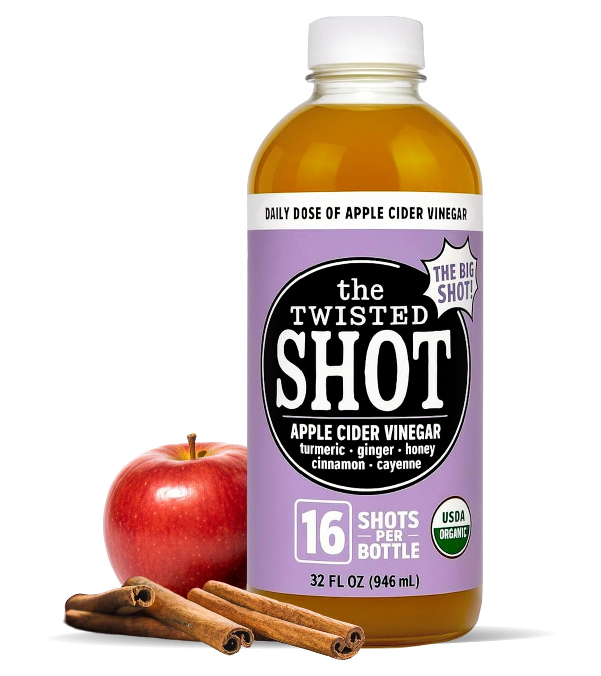 The Twisted Shot bottle pour reveals bold ACV with ginger and cayenne.