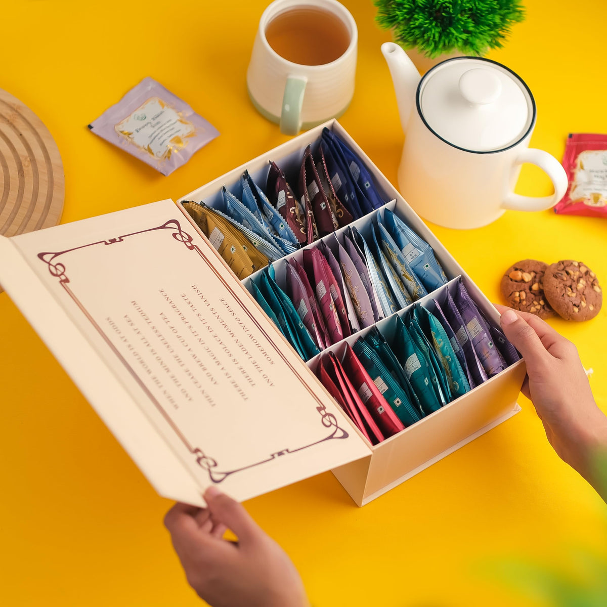 The Vedas assorted tea bags variety display for convenient daily rituals.
