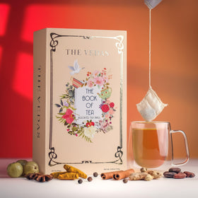 The Vedas pyramid teabags packaging close view highlighting premium experience.