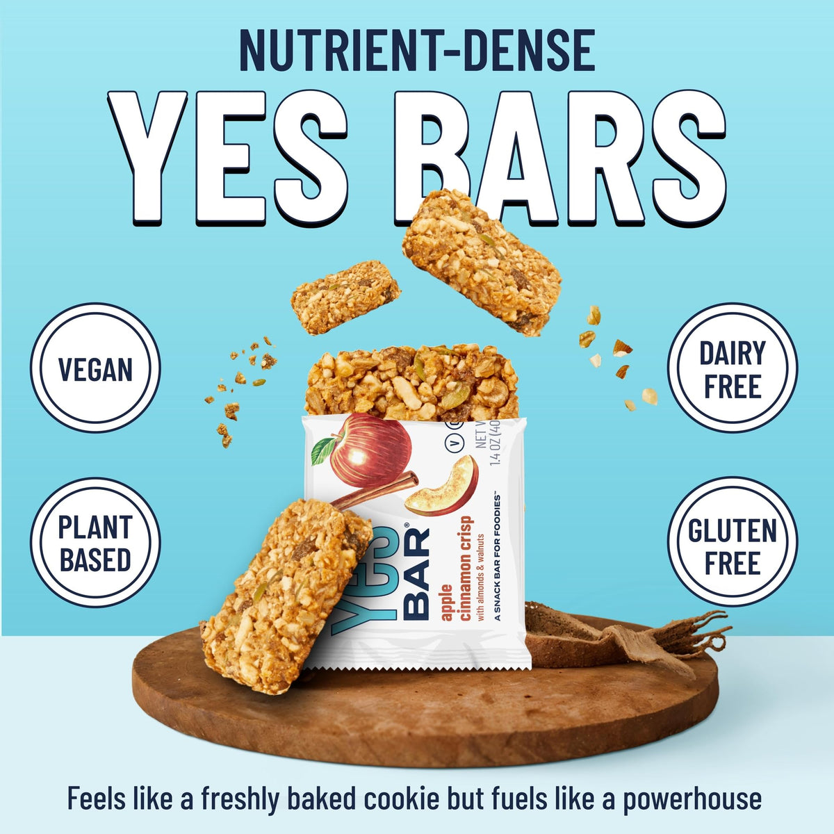 The YES Bar Apple Cinnamon bar close-up reveals soft chewy texture.