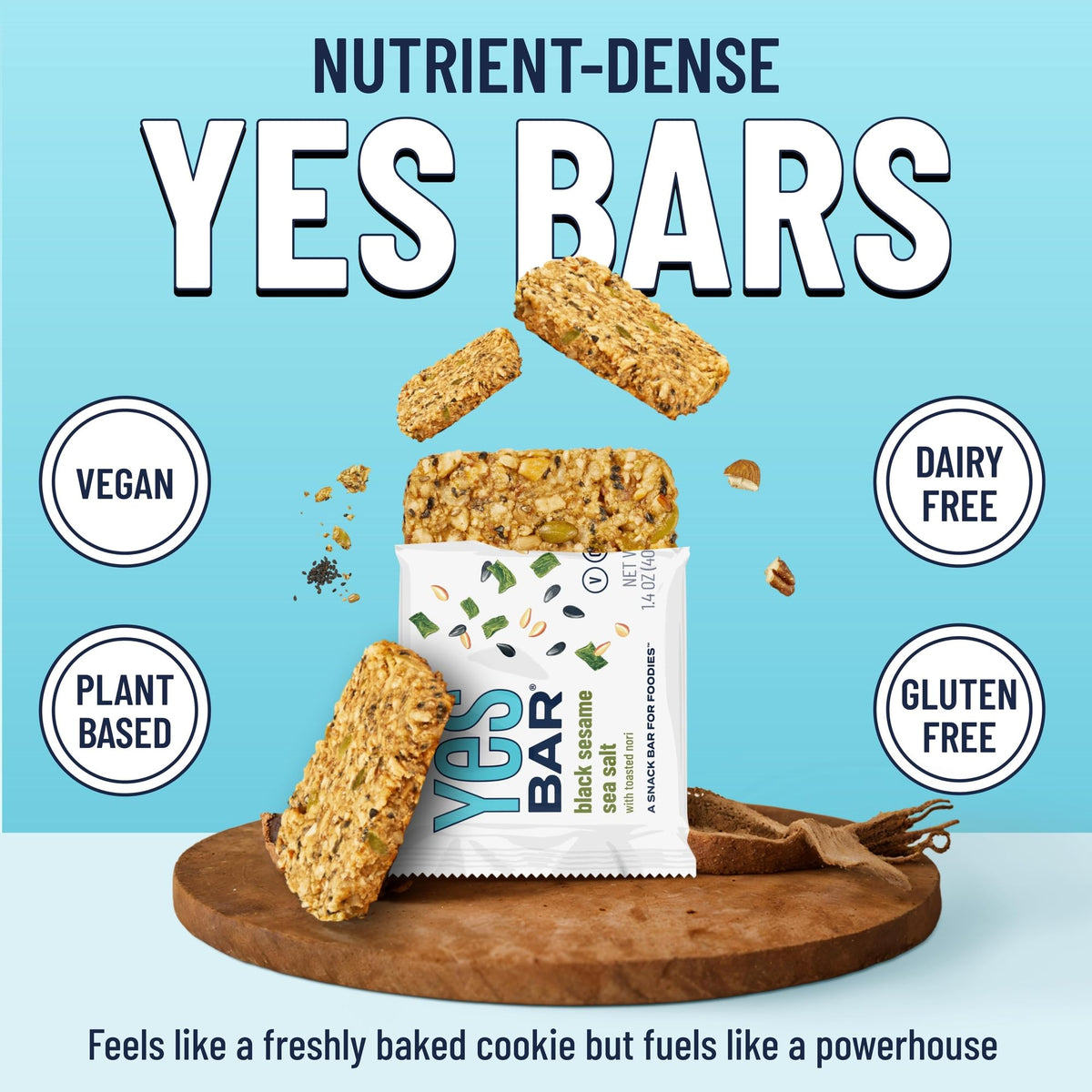 The YES Bar Black Sesame Sea Salt close-up highlights soft, chewy texture