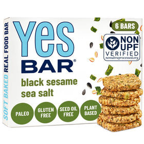 The YES Bar Black Sesame Sea Salt packaging shows simple, clean ingredients for on-the-go snacking