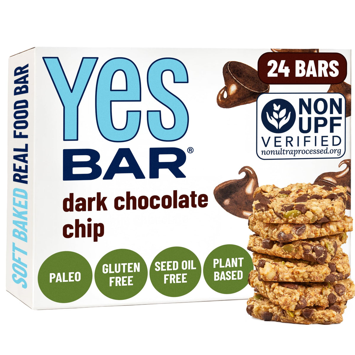 The YES Bar dark chocolate chip close-up, highlighting soft chew and real ingredients for a quick energy lift.