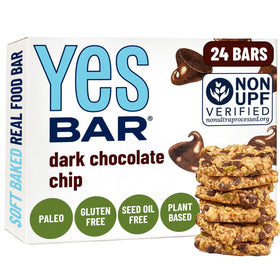The YES Bar dark chocolate chip close-up, highlighting soft chew and real ingredients for a quick energy lift.
